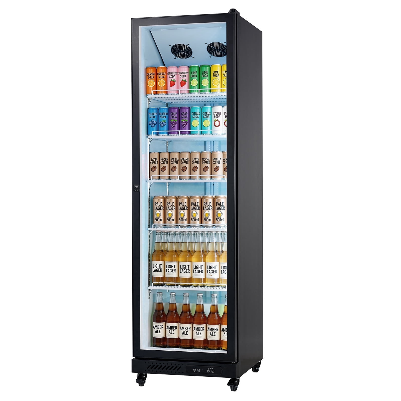 KFFKFF Commercial Merchandiser Refrigerator, 12.4 Cu.Ft / 350 L Upright Beverage Cooler with Glass Door, Adjustable Shelves, LED Lighting, and Casters for Home, Shop, or Bar Use