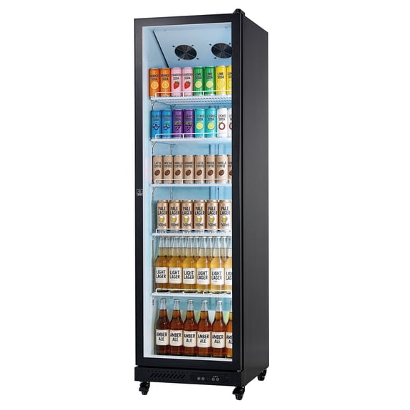 KFFKFF Commercial Merchandiser Refrigerator, 12.4 Cu.Ft / 350 L Upright Beverage Cooler with Glass Door, Adjustable Shelves, LED Lighting, and Casters for Home, Shop, or Bar Use