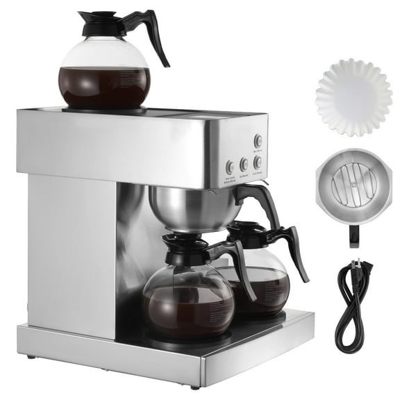 KFFKFF Commercial Drip Coffee Maker, 12-Cup Machine with 4 Glass Carafes and 4 Warming Plates, Stainless Steel Brewer for Restaurants, Offices, Cafes, and Homes