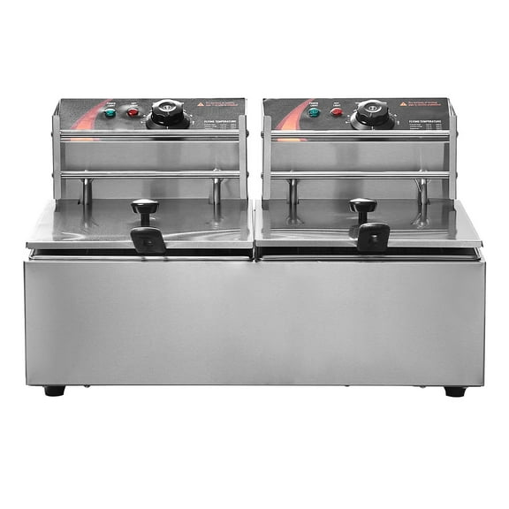 KFFKFF Commercial Dual Tank Deep Fryer, 3000W Electric Countertop Fryer with Basket, 2 x 9.1Qt/8.6L Stainless Steel Oil Fryer, featuring Temperature Control & Overheat Safety