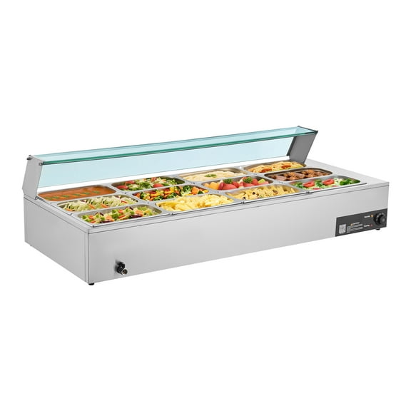 KFFKFF Commercial Electric Food Warmer, 1700W Stainless Steel Steam Table with Glass Lid, 12-Pan Countertop Buffet Bain Marie, Includes Soup and Perforated Ladles, Ideal for Catering, Restaurants
