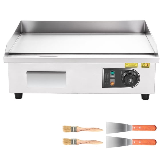 KFFKFF Commercial Electric Griddle, 21.06 x 11.81 inches, 3200W, Adjustable Temperature Range 122-570F, Stainless Steel Construction, Flat Cooking Surface, Includes 2 Spatulas, 2 Brushes