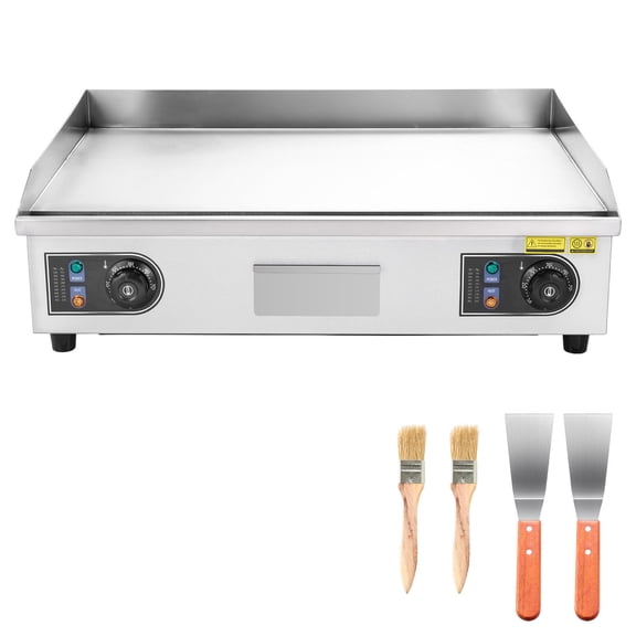KFFKFF Commercial Electric Griddle, 25.79 x 15.75 inch, 2800W, Adjustable Temperature Range 122-570F, Stainless Steel Construction, Flat Cooking Surface, Includes 2 Spatulas, 2 Brushes