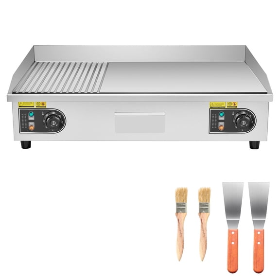KFFKFF Commercial Electric Griddle, 28.54 x 15.75 in, 2800W, Temperature Range 122-570F, Stainless Steel,Half Grooved and Half Flat Surface, Includes 2 Spatulas, 2 Brushes, and 4 Foot Pads,(NO PLUG)