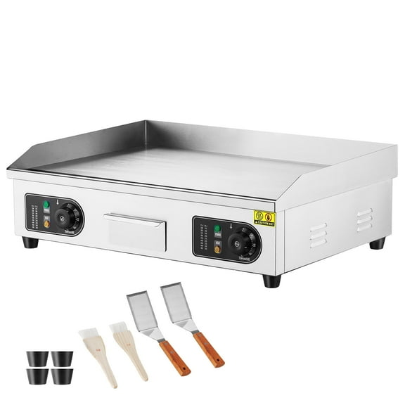 KFFKFF Commercial Electric Griddle, 2800W, Adjustable Temperature from 122℉ to 572℉, Stainless Steel Flat Top Grill, 25.98 x 15.75 x 0.39 inches, Includes 2 Shovels and 2 Brushes