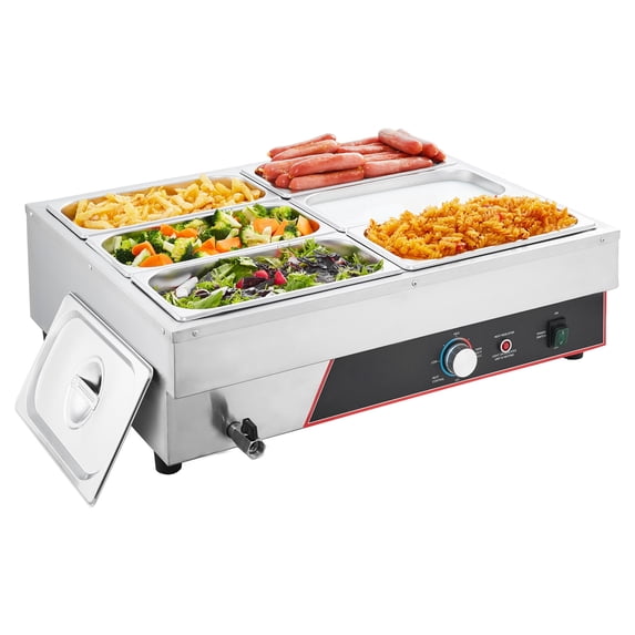 KFFKFF Commercial Food Warmer, 1500W Electric Stainless Steel Steam Heating Unit with Lid, 6-Pan Countertop Buffet Bain Marie for Catering, Restaurants, Events, and Buffets