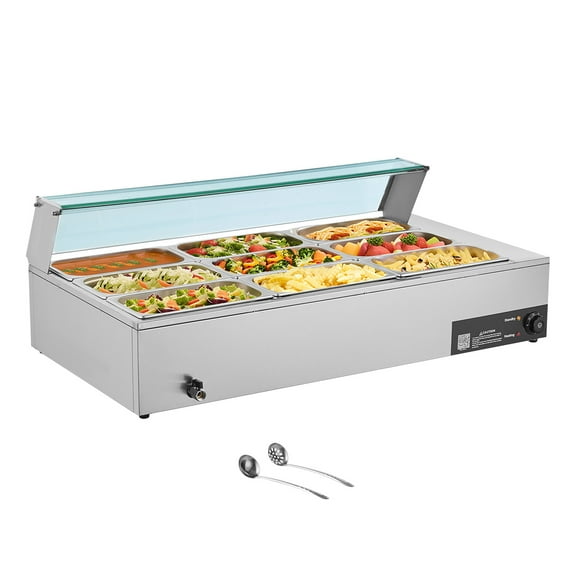 KFFKFF Commercial Food Warmer, 1500W Electric Stainless Steel Steam Unit with Glass Lid, 9-Pan Countertop Buffet Bain Marie with Soup and Perforated Ladles, Ideal for Catering, Restaurants