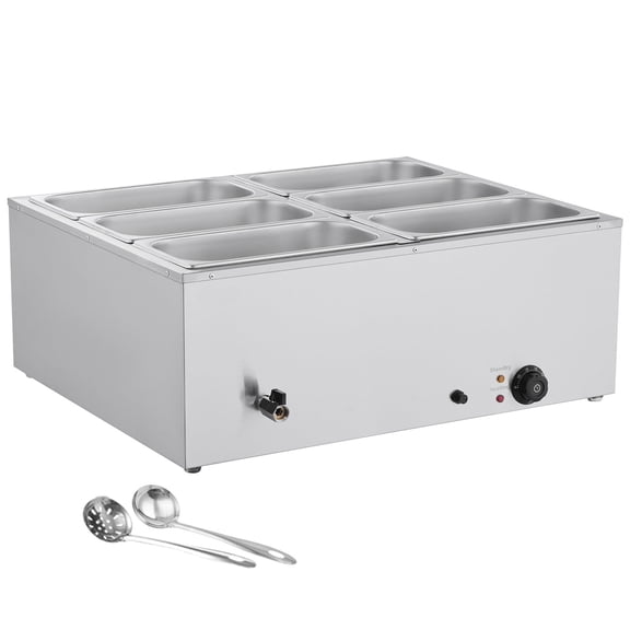 KFFKFF Commercial Food Warmer, 1500W Electric Stainless Steel Steam Warmer with Lid, 6-Pan Quick Heating Countertop Buffet Bain Marie with Soup & Perforated Ladles, Ideal for Catering, Restaurants