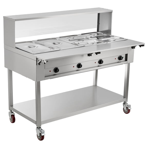 KFFKFF Commercial Food Warmer with 8 Pans, 2000W Electric Heating Table for Buffet and Catering, Stainless Steel Server with Folding Board,Undershelf, Rolling Stand,and Adjustable Temperature Control
