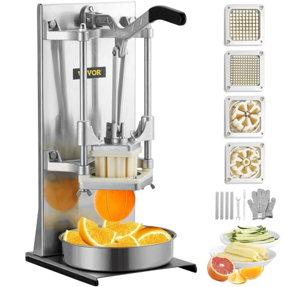 KFFKFF Commercial French Fry Cutter with 4 Interchangeable Blades, 1/4 and 3/8 Dicing Blades, 6-Wedge Slicer, and Apple Corer, Potato and Lemon Cutter with Extended Handle for Easy Fry Preparation