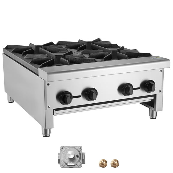 KFFKFF Commercial Gas Stove with 4 Burners, Compatible with Propane and Natural Gas, Stainless Steel Countertop Cooking Range, Ideal for Restaurant Use, 112,000 BTU
