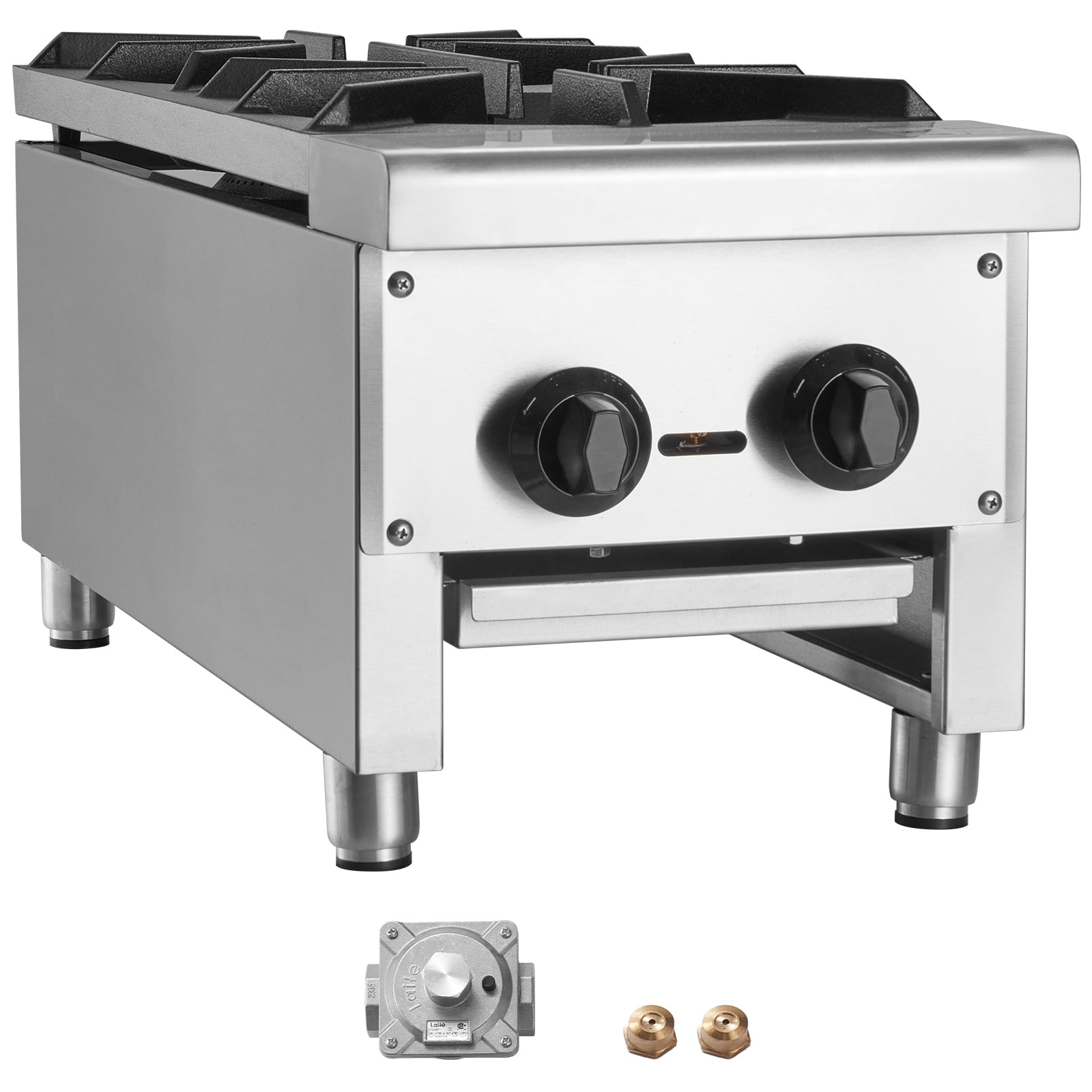 KFFKFF Commercial Gas Stove with Dual Burners, Compatible with Propane and Natural Gas, Stainless Steel Countertop Cooking Range, Ideal for Restaurant Use, 56,000 BTU