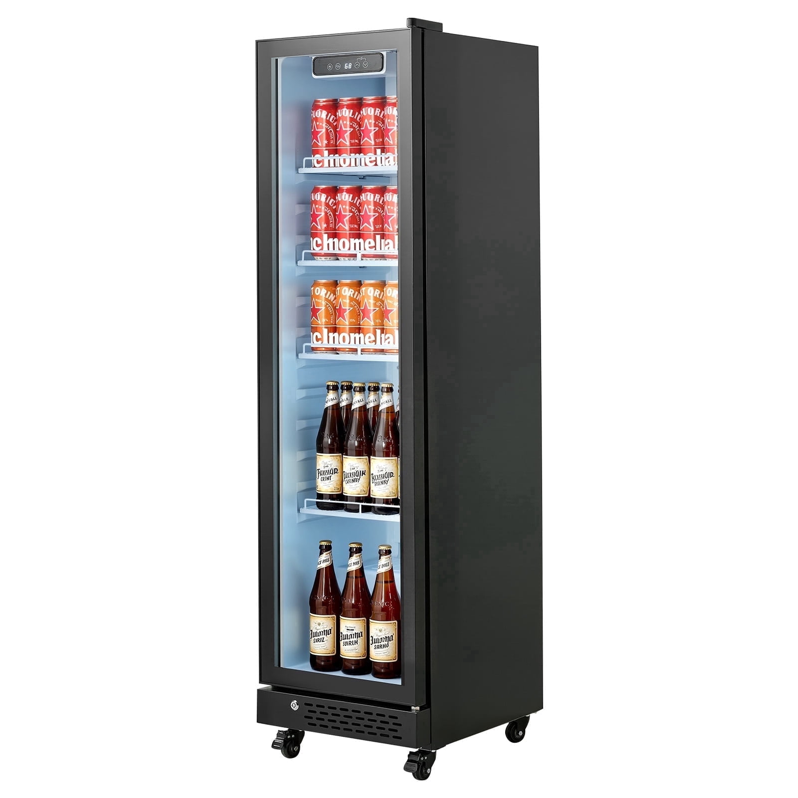 KFFKFF Commercial Glass Door Refrigerator, 6.9 Cu.Ft / 195L Upright Beverage Cooler with Adjustable Shelves, LED Lighting & Casters for Home, Shops, and Bars