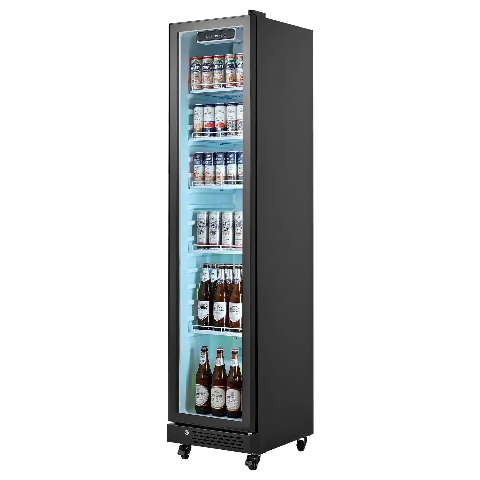 KFFKFF Commercial Glass Door Refrigerator, 8.3 Cu.Ft / 235 L Upright Beverage Cooler with Adjustable Shelves, LED Lighting & Casters for Homes, Shops, and Bars