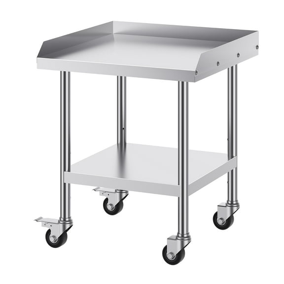 KFFKFF Commercial Grade Stainless Steel Work Table, 24 x 24 x 30 Inches, Equipped with 4 Mobile Wheels, Casters, and 3-Sided Backsplash. Sturdy Metal Prep Table Ideal for Restaurants
