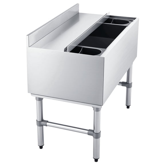 KFFKFF Commercial Ice Bin, 82.9 Qt Capacity, 30 x 19 x 33 Inch Stainless Steel Ice Chest with Sliding Lid and Bottle Holders, Cooler Cart for Bar, Restaurant, and Pub, NSF Certified