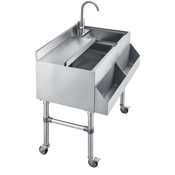 KFFKFF Commercial Ice Bin with Sink & Faucet, 60 Qt Capacity, 24 x 19 x 35 Inch Stainless Steel Ice Chest with Sliding Lid and Bottle Holders, Cooler Cart Cocktail Unit for Bars, Restaurants,and Pubs