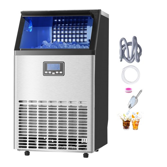 KFFKFF Commercial Ice Maker, 100lbs/24H Ice Generation Device with 33lbs Holding Capacity, 45 Ice Pieces in Quarter Hour, LED Numeric Screen, Autonomous Sanitizing for Lounge Workplace Eatery