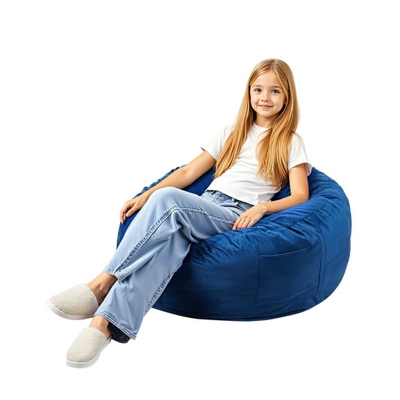 KFFKFF 3 feet Round Bean Bag Chair Kids with Removable Cover & Dutch Velvet Blue