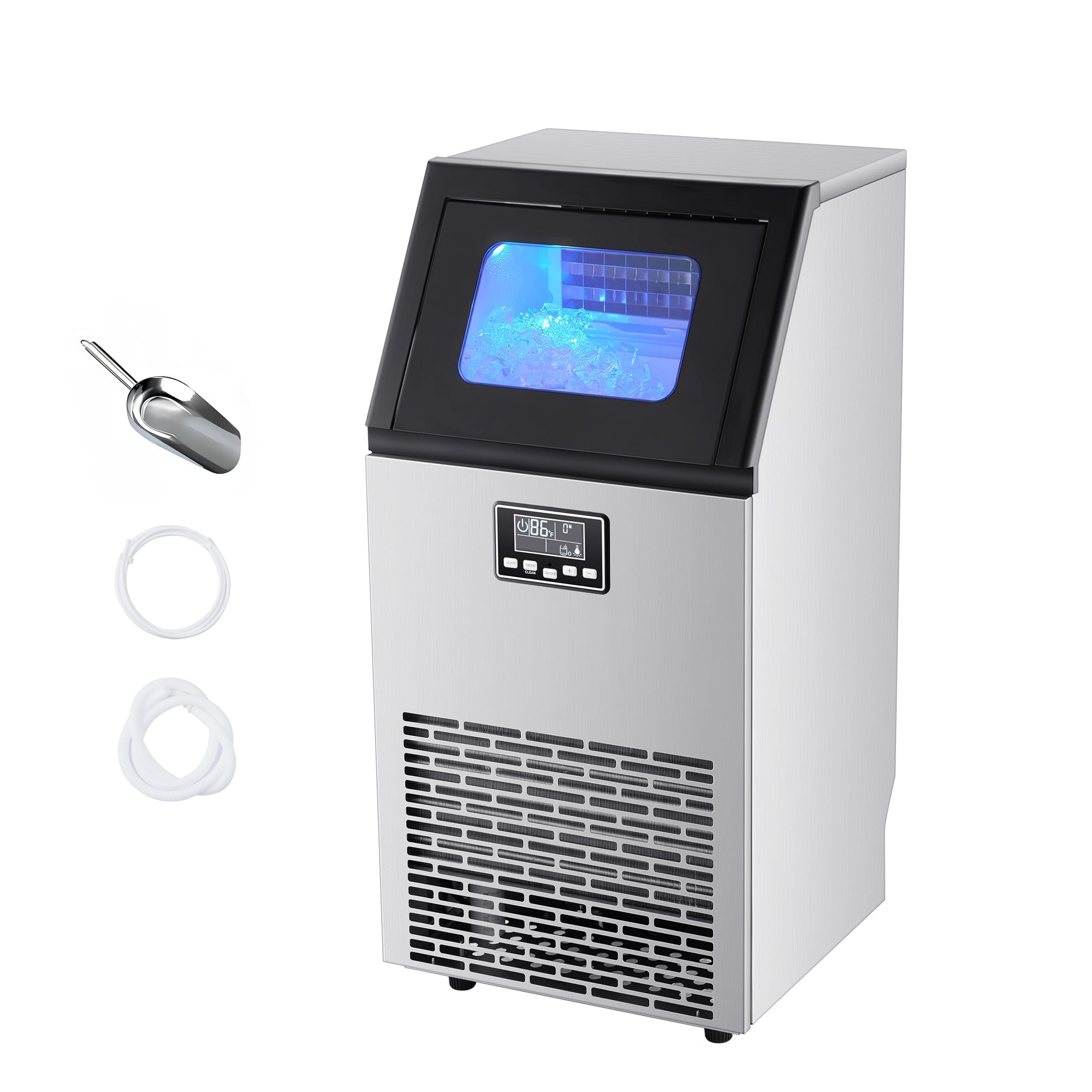 KFFKFF Commercial Ice Maker Machine, 100 lbs/24h Output with 28 lbs Storage, Produces 45 Cubes per Cycle, Stainless Steel Design for Freestanding or Under-Counter Use, Features LED Display