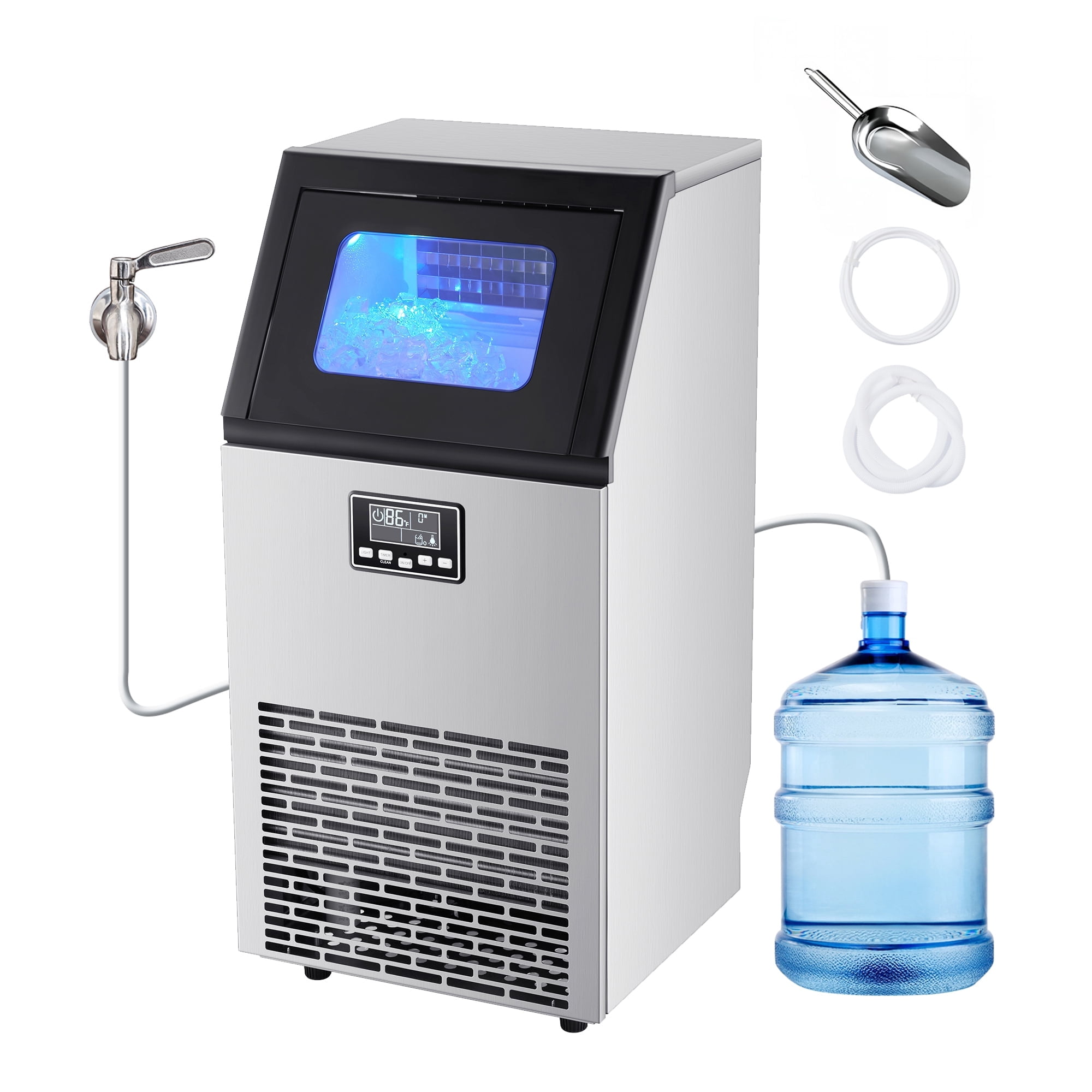 KFFKFF Commercial Ice Maker Machine, 120 lbs/24h with 28 lbs Storage, Produces 45 Cubes per Cycle, Stainless Steel Freestanding & Under Counter Design with LED Display and Self-Cleaning Function