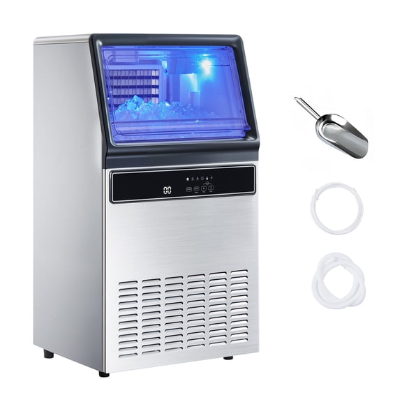 KFFKFF Commercial Ice Maker Machine, 130Lbs/24H with 33Lbs Storage, 45 Ice Cubes per Cycle, Stainless Steel Freestanding & Under Counter Ice Maker with LED Display & Self-Cleaning for Home, Bar