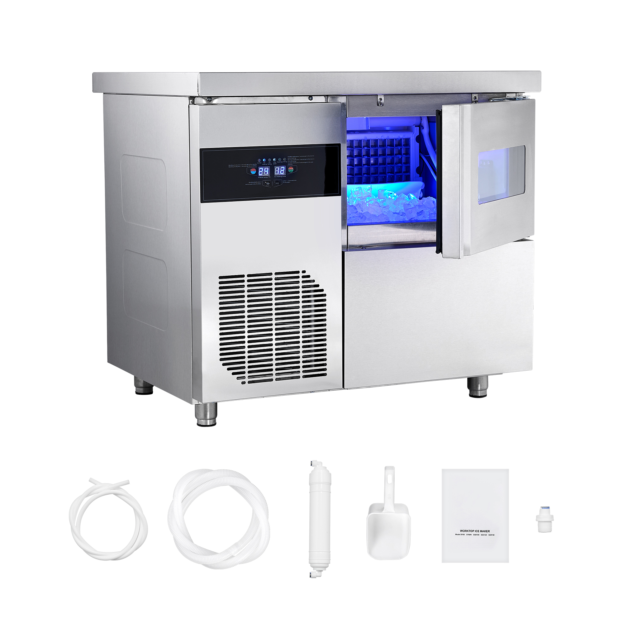 KFFKFF Commercial Ice Maker Machine, 132 lbs/24H Stainless Steel Ice Machine with Countertop, 30 lbs Storage & 70 Cubes Per Cycle, Self-Cleaning Freestanding Ice Maker for Home, Bar, Office