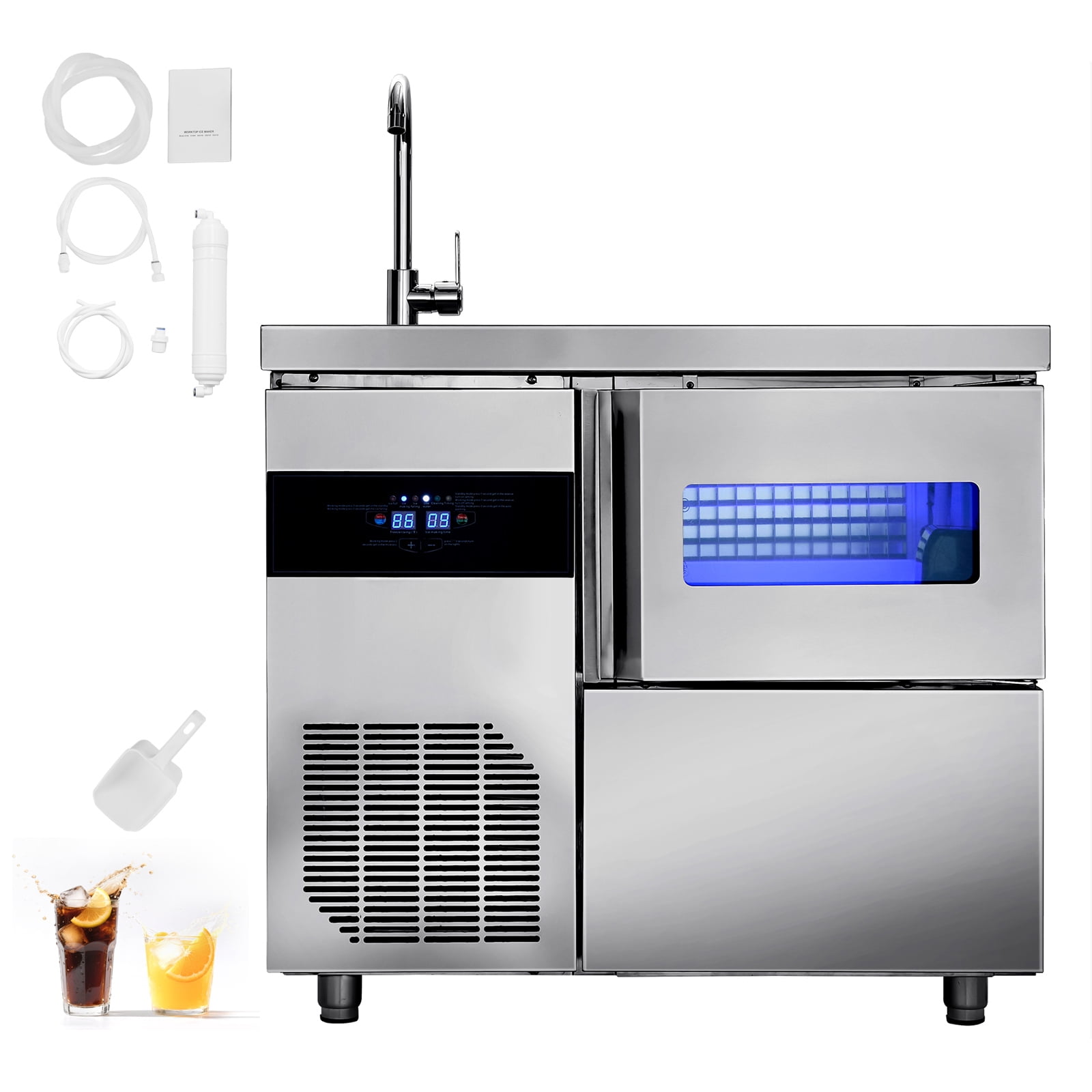 KFFKFF Commercial Ice Maker Machine, 132 lbs/24H Stainless Steel Ice Maker with Integrated Sink, 30 lbs Storage & 70 Cubes per Cycle, Self-Cleaning Freestanding Unit for Home, Bar, or Restaurant Use