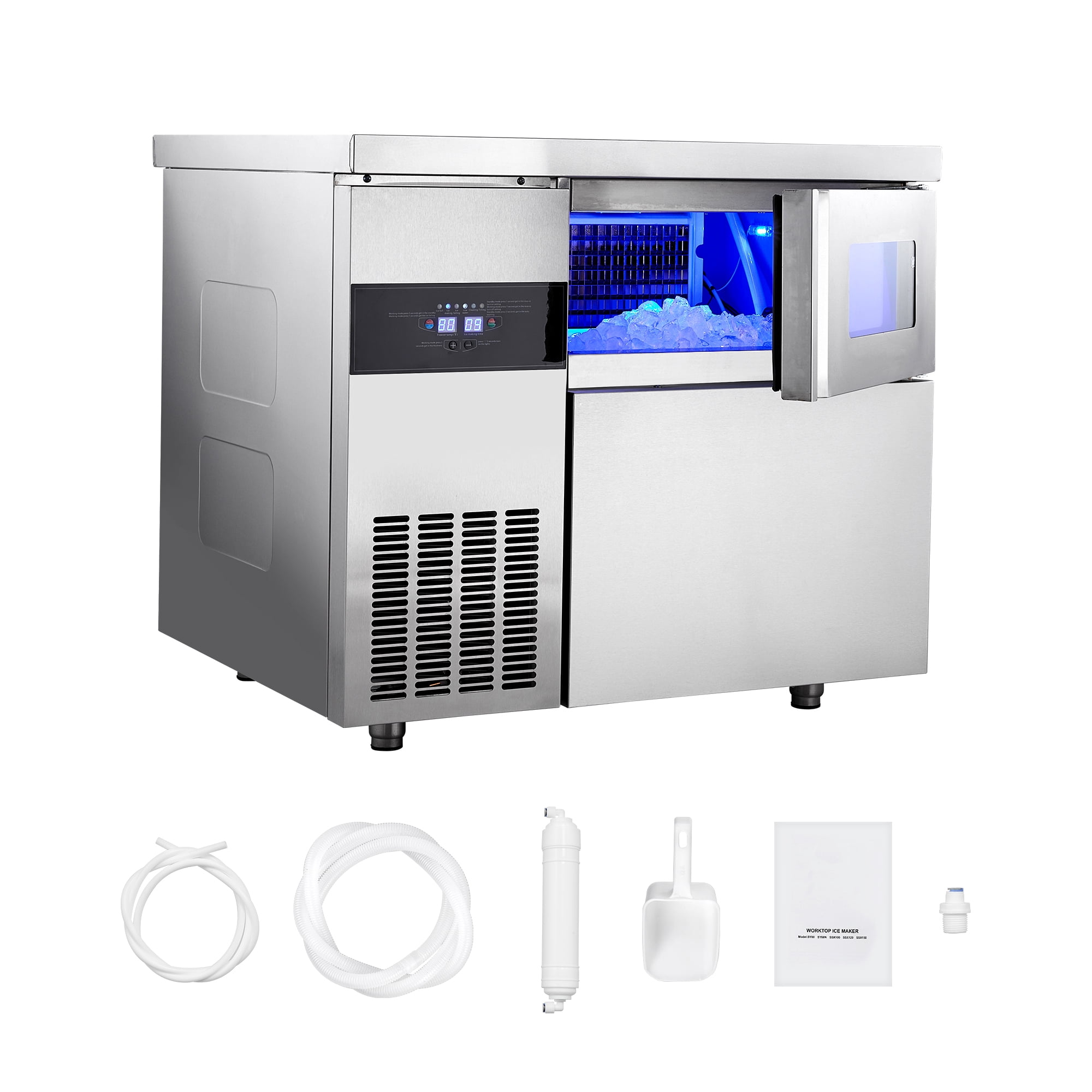 KFFKFF Commercial Ice Maker Machine, 265 lbs/24H Stainless Steel Ice Maker with Countertop, 66 lbs Storage & 126 Cubes per Cycle, Self-Cleaning Freestanding Ice Machine for Home, Bar, Office