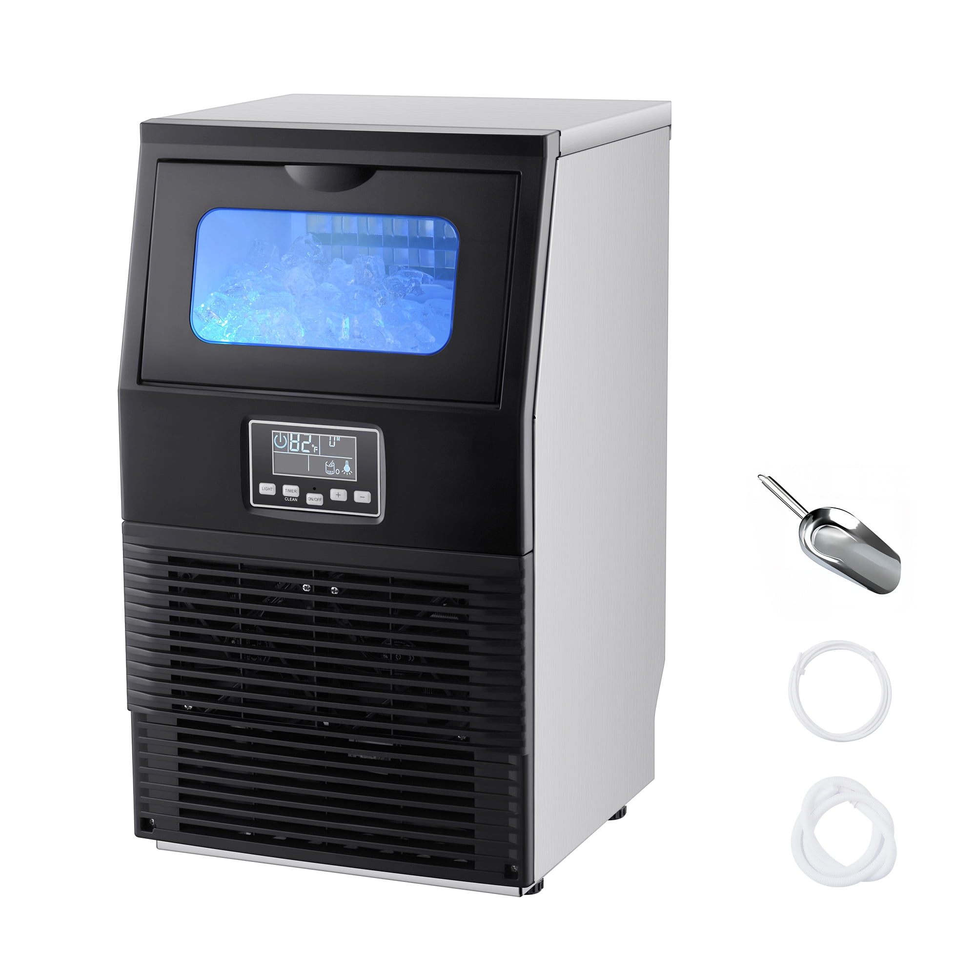 KFFKFF Commercial Ice Maker Machine, 80 lbs/24h with 12 lbs Storage, 32 Cubes per Cycle, Stainless Steel Freestanding & Countertop Ice Maker with LED Display and Self-Cleaning Function