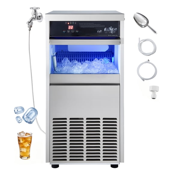 KFFKFF Commercial Ice Maker Machine, Produces 100 lbs of Ice Daily with 30-35 lbs Storage Capacity, Suitable for Built-in, Freestanding, or Under-Counter Installation, Stainless Steel