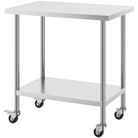 KFFKFF Commercial Kitchen Worktable, 24"x36"x38" Stainless Steel Work Benches, Durable Metal Worktable with 4 Casters, 3 Adjustable Height for Food Preparation in Restaurants