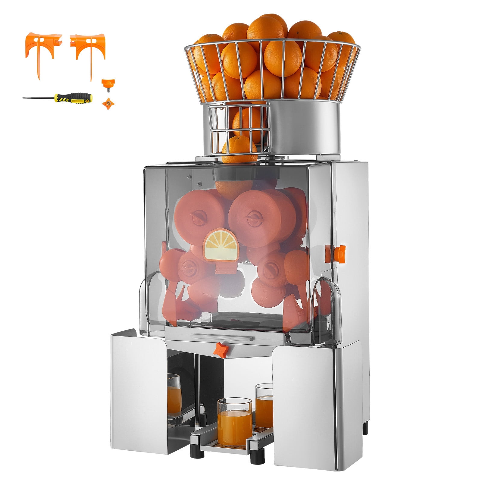 KFFKFF Commercial Orange Juicer Machine, 120W Electric Automatic Citrus Squeezer, Efficient Juice Extractor for 20 Fruits Per Minute, Stainless Steel Design with Peel Collection and Protective Cover
