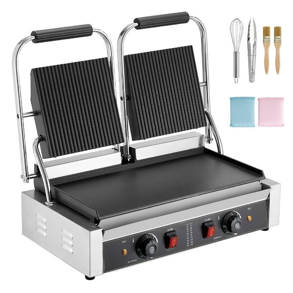 KFFKFF Commercial Panini Grill, 3600W Electric Sandwich Maker, Stainless Steel Double Press Grill with Handle and Temperature Control, 19x9 in Flat Enamel Plate for Cooking Burgers, Steaks, and Bacon