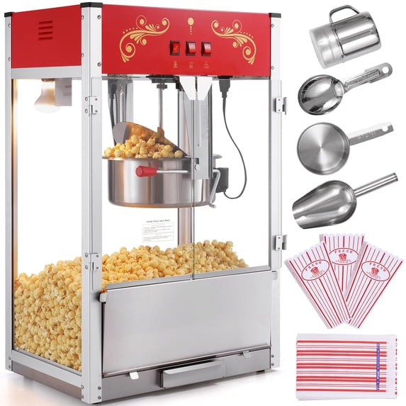 KFFKFF Commercial Popcorn Machine, 16 Oz Popcorn Popper Countertop Popcorn Maker, 1615W with Hardened Glass, Comes with 3 Stainless Steel Ladles, Cinema Inspired Design, Red