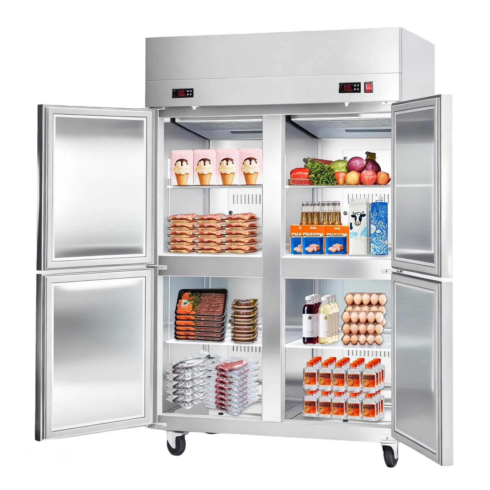 KFFKFF Commercial Refrigerator and Freezer Combo, Upright Unit, Stainless Steel