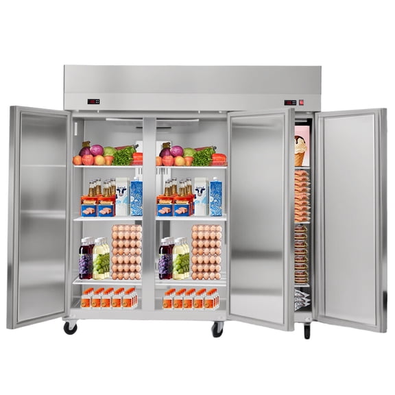 KFFKFF Commercial Refrigerator and Freezer Combo 72"W, 51 Cu.Ft Stainless Steel Upright Unit with Three Doors, Auto-Defrost, 9 Adjustable Shelves, UL Certified