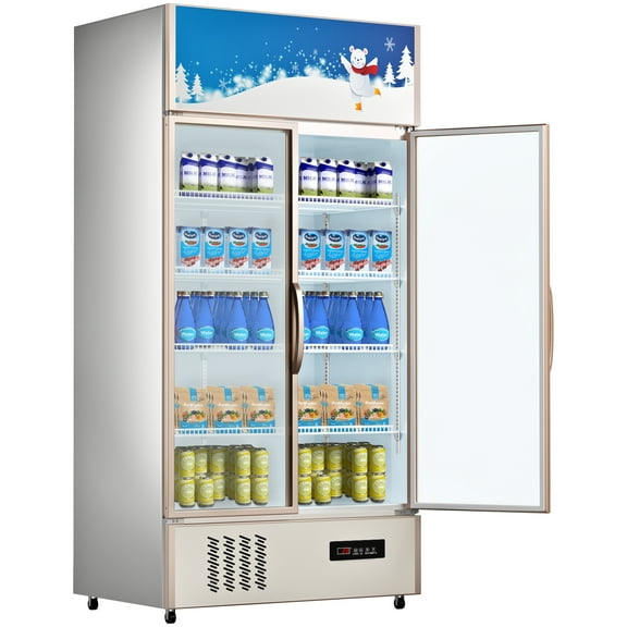 KFFKFF Commercial Refrigerator, Upright Beverage Cooler with Glass Doors and LED Lighting for Home, Store, Gym, or Office Use, (23 cu.ft Double Swing Door)