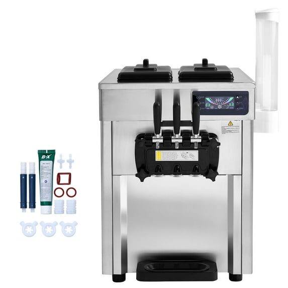 KFFKFF Commercial Soft Serve Ice Cream Machine, 18-28 L/H Output, 1850W 3-Flavor Countertop Maker, Dual 5.5L Stainless Steel Containers, LED Control Panel with Auto Cleaning and Pre-Cooling Features