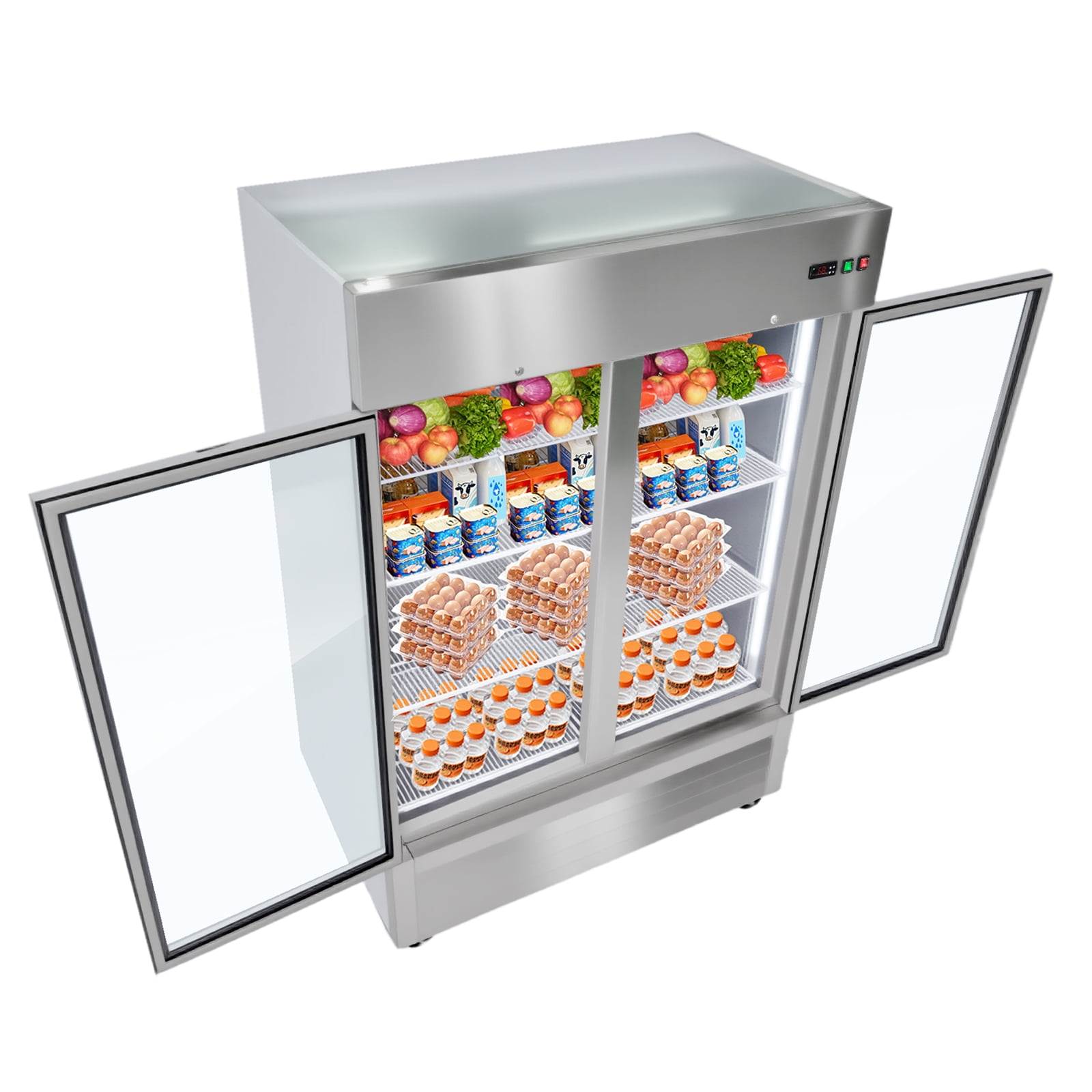 KFFKFF Commercial Stainless Steel Refrigerator 54" W, 44 Cu.Ft Upright Fridge with Double Glass Doors, Auto-Defrost, 8 Adjustable Shelves, 32-50℉ Temperature Range, ETL Certified