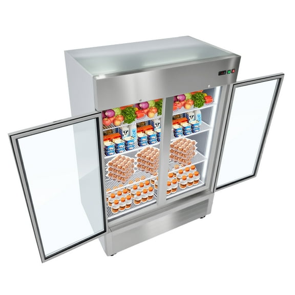 KFFKFF Commercial Stainless Steel Refrigerator 54" W, 44 Cu.Ft Upright Fridge with Double Glass Doors, Auto-Defrost, 8 Adjustable Shelves, 32-50 Temperature Range, ETL Certified