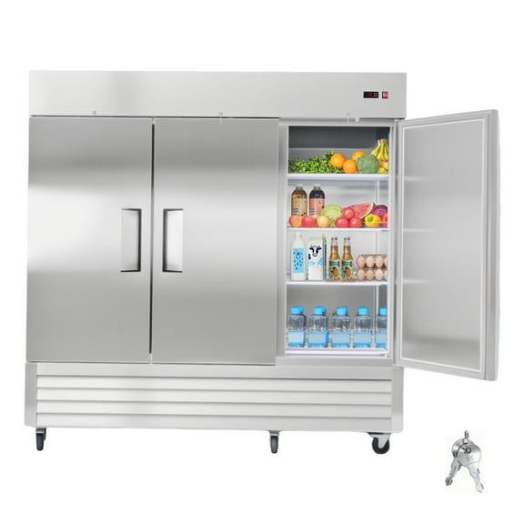 KFFKFF Commercial Stainless Steel Refrigerator, 85" Wide, 69 Cu.Ft Capacity, Three-Door Upright Design with Auto-Defrost, 12 Adjustable Shelves, Temperature Range 32-50, ETL Certified