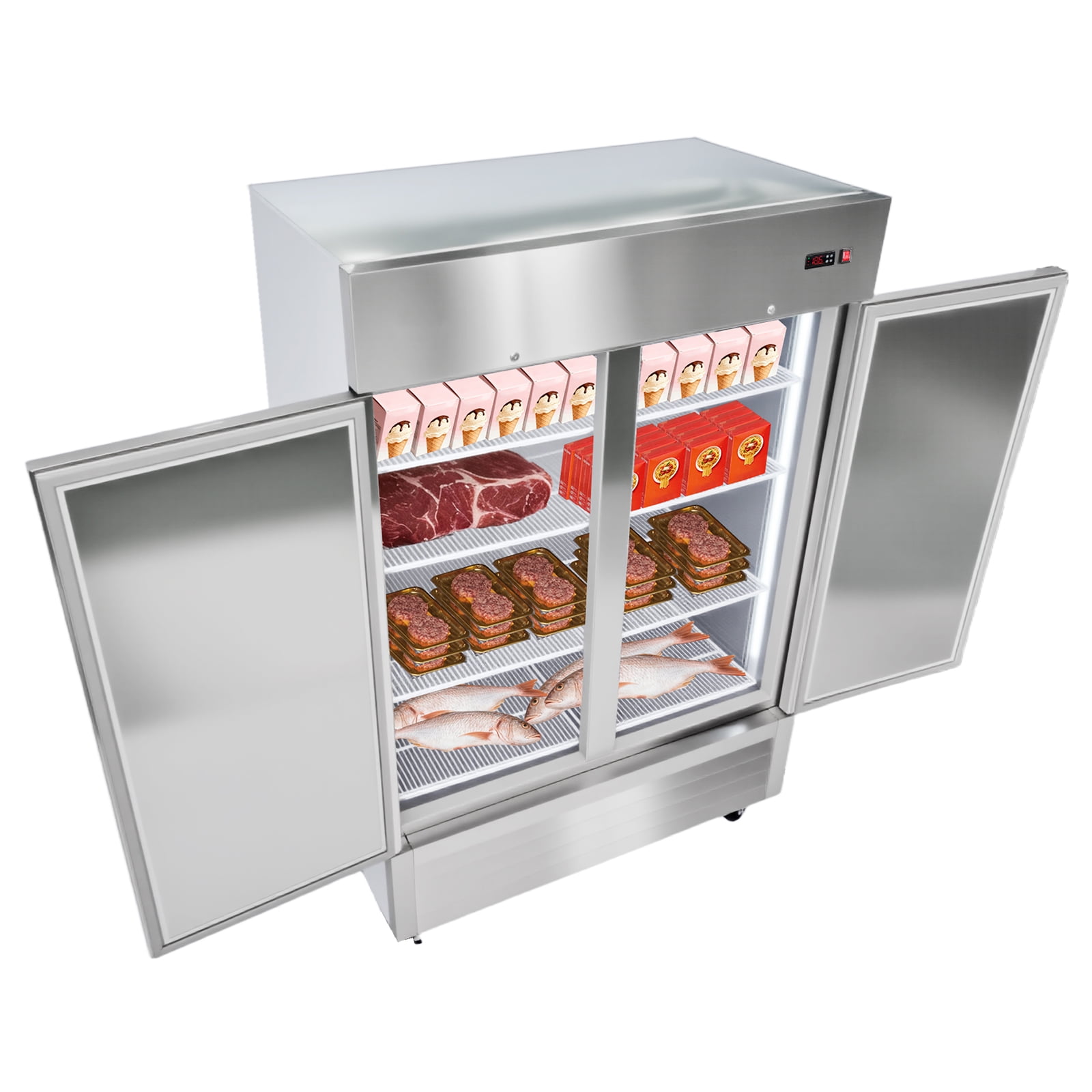 KFFKFF Commercial Stainless Steel Upright Freezer, 54" Wide, 44 Cu.Ft Capacity with Double Doors, Auto-Defrost, 8 Adjustable Shelves, -11 to 14℉ Temperature Range, ETL Certified