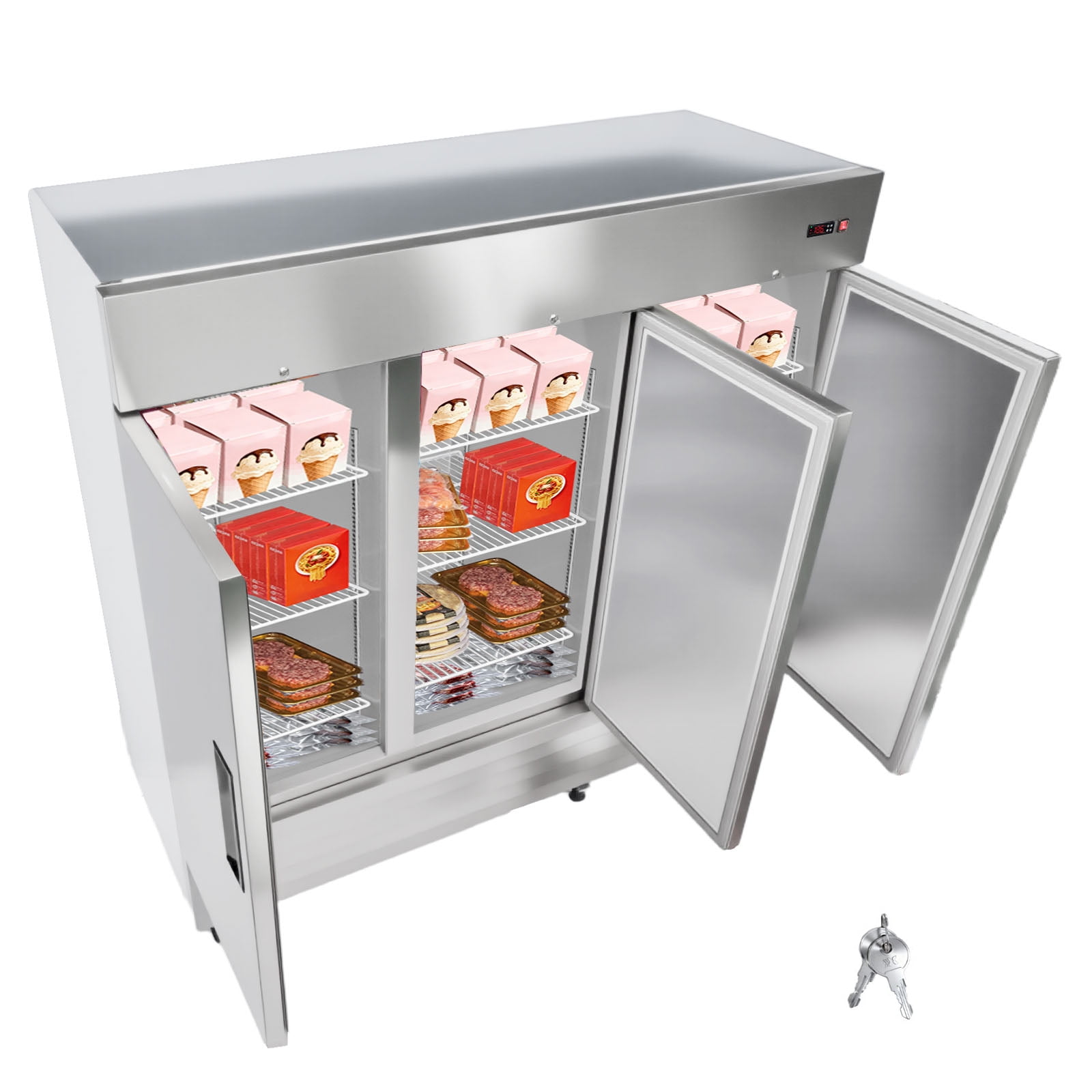 KFFKFF Commercial Stainless Steel Upright Freezer, 85" Wide, 69 Cu.Ft Capacity with Three Doors, Auto-Defrost, 12 Adjustable Shelves, -11 to 14℉ Temperature Range, ETL Certified