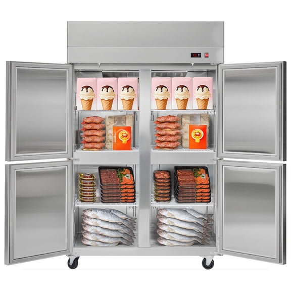 KFFKFF Commercial Upright Freezer, 47.64 in Wide Four-Door Design, 31.4 Cu.ft Capacity with Auto-Defrost, Stainless Steel Build, 6 Adjustable Shelves, -11 to 14 Temperature Range, LED Lighting
