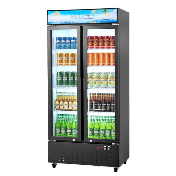 KFFKFF Commercial Merchandiser Refrigerator, 20.8 Cu.Ft / 590L Beverage Display Cooler, Double Glass Door with Customizable Lightbox, 8 Adjustable Shelves, LED Lighting & Casters