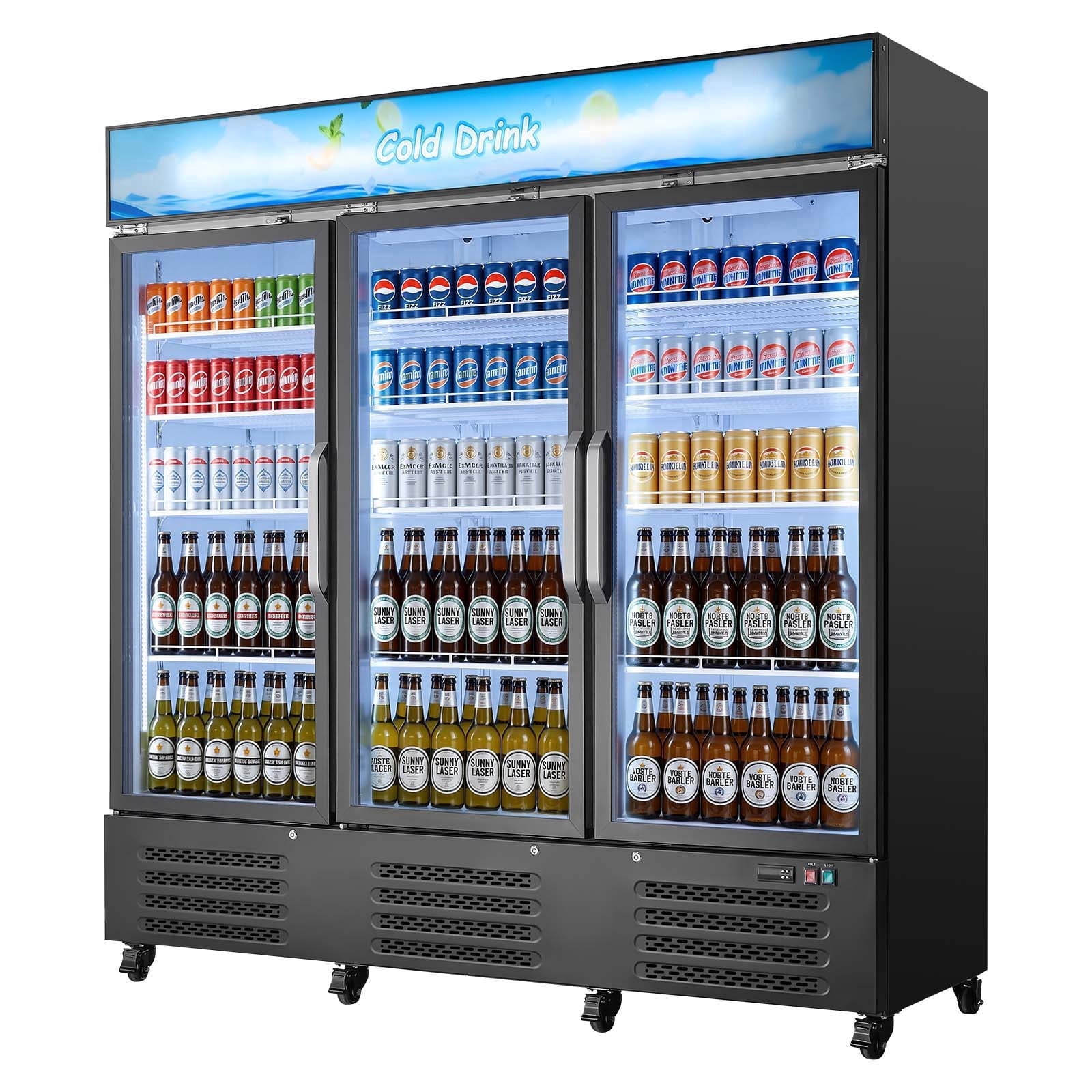 KFFKFF Commercial Merchandiser Refrigerator, 54.3 Cu.Ft / 1538L Beverage Cooler with Glass Doors, Customizable Lightbox, 12 Adjustable Shelves, LED Lighting & Casters