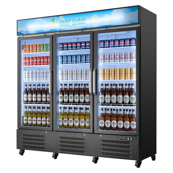 KFFKFF Commercial Merchandiser Refrigerator, 54.3 Cu.Ft / 1538L Beverage Cooler with Glass Doors, Customizable Lightbox, 12 Adjustable Shelves, LED Lighting & Casters