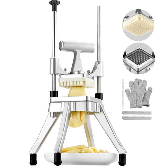 KFFKFF Commercial Vegetable and Fruit Chopper with 3/8″ Blade, Heavy-Duty Food Dicer and Cutter for Onions, Tomatoes, Peppers, Potatoes, and Mushrooms, Stainless Steel, Silver