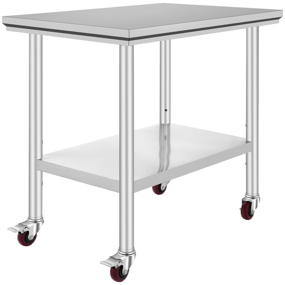 KFFKFF Commercial Work Food Prep Table, 36"x24" Stainless Steel Rolling Kitchen Cart with 4 Caster Wheels ,Heavy Duty Worktable Adjustable Undershelf